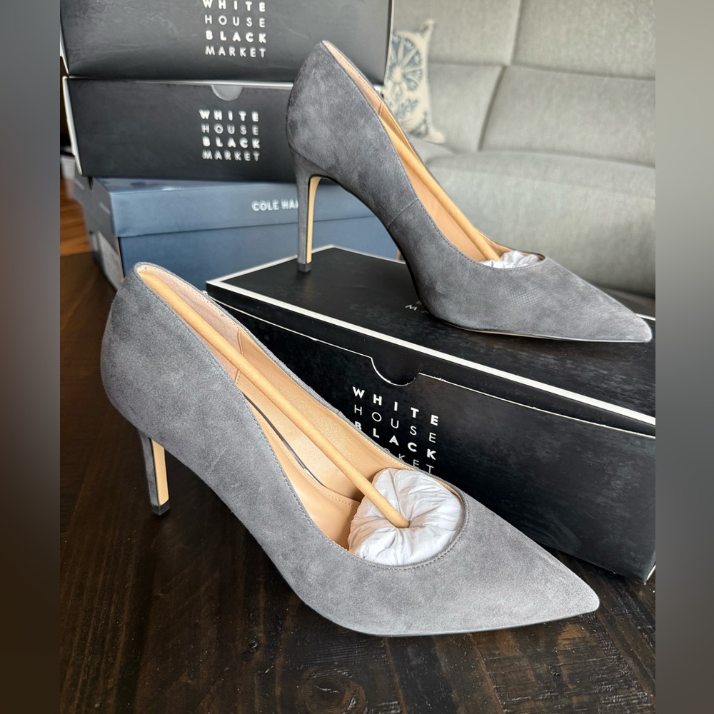 White House Black Market Charcoal Suede Heels